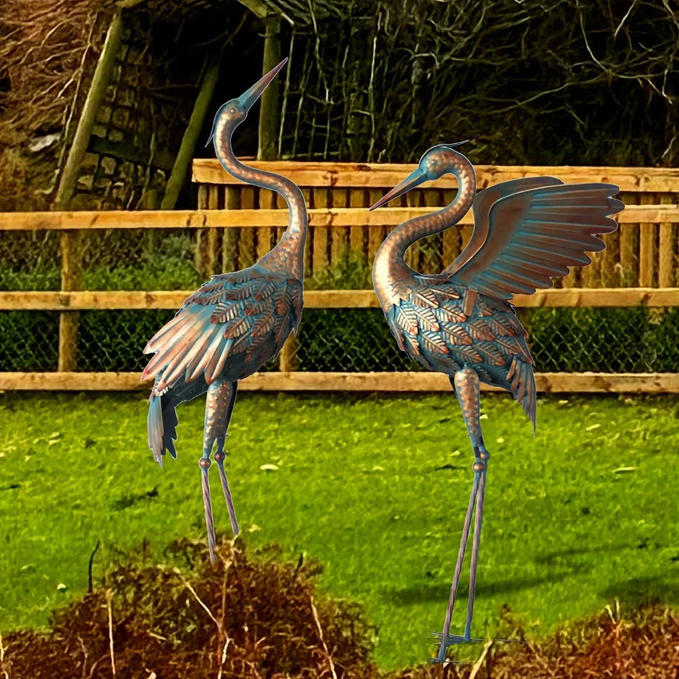 33-37in Outdoor Copper Crane Garden Statue Set - House Of Avana