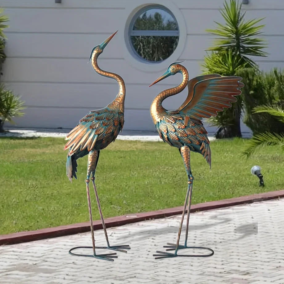 33-37in Outdoor Copper Crane Garden Statue Set - House Of Avana