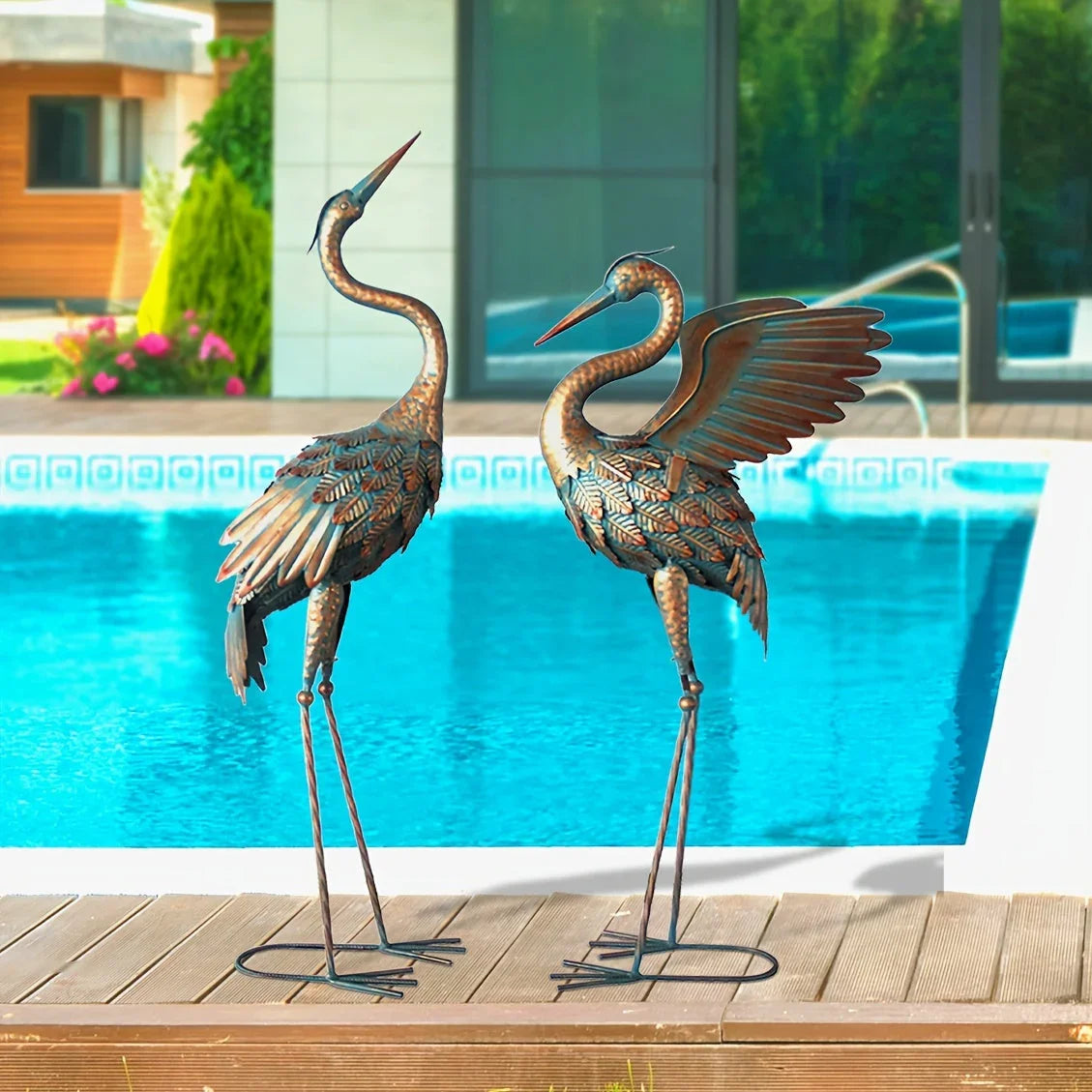 33-37in Outdoor Copper Crane Garden Statue Set - House Of Avana
