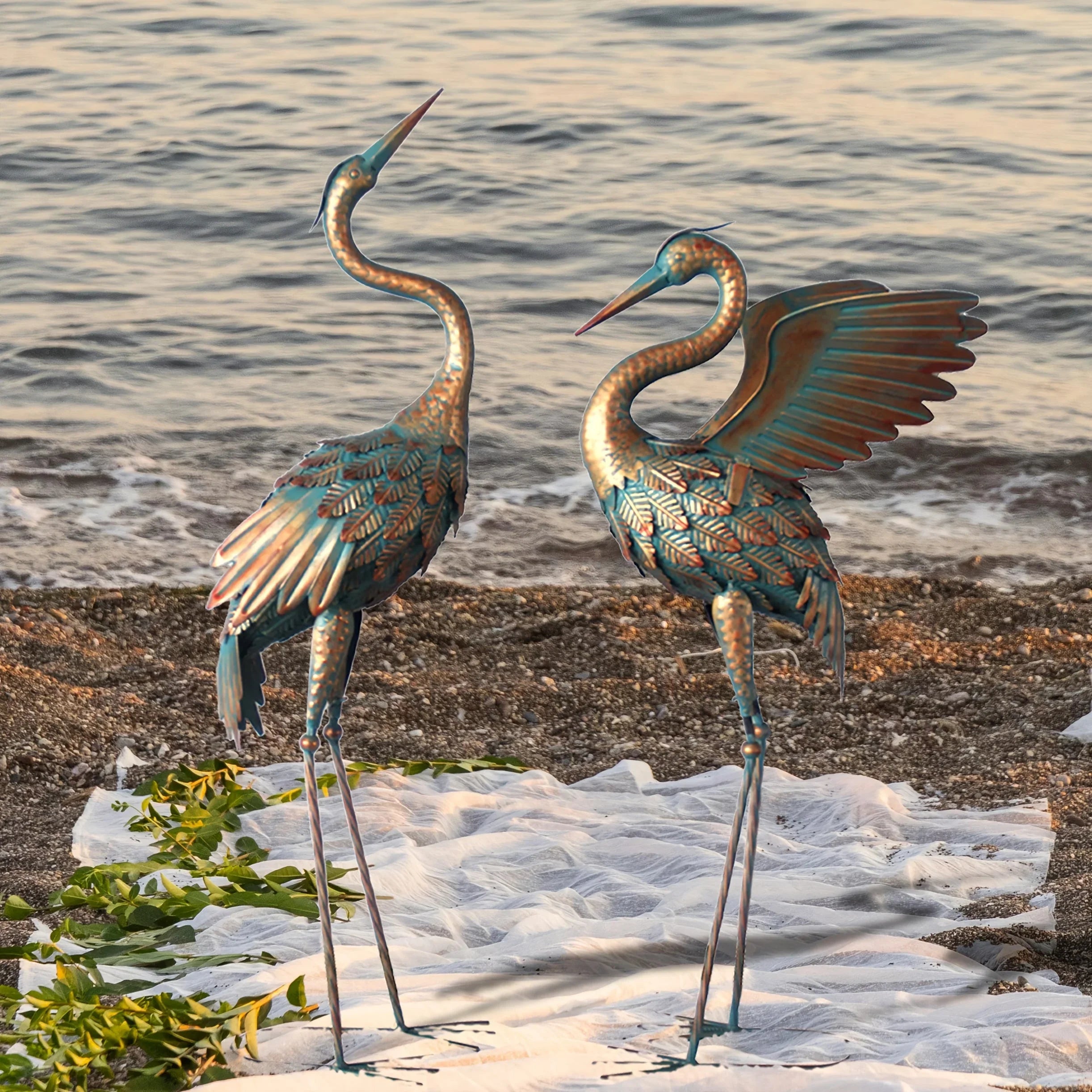 33-37in Outdoor Copper Crane Garden Statue Set - House Of Avana