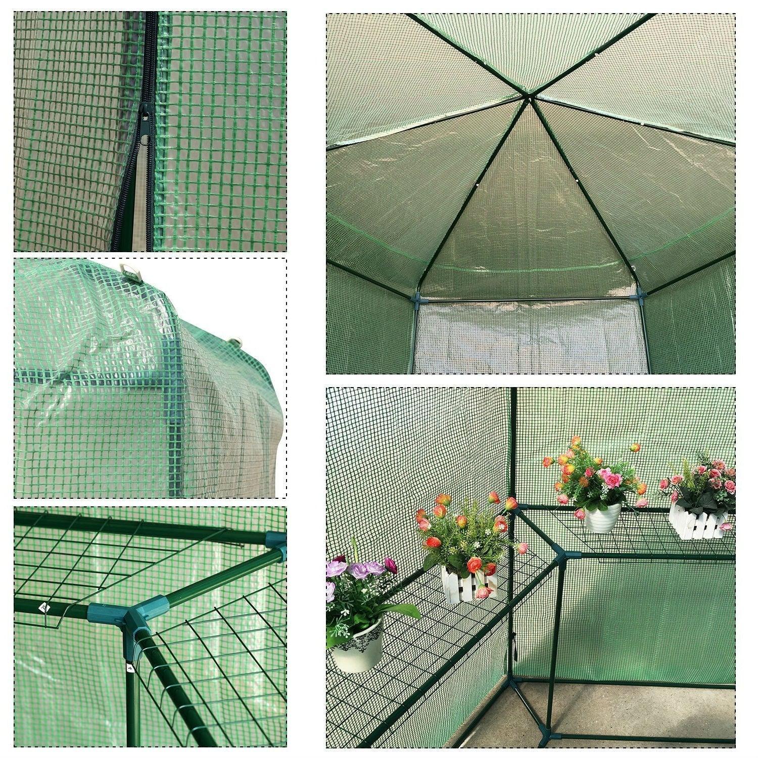 Outdoor Hexagon Greenhouse 6.5 x 7 Ft with Steel Frame PE Cover and Shelves