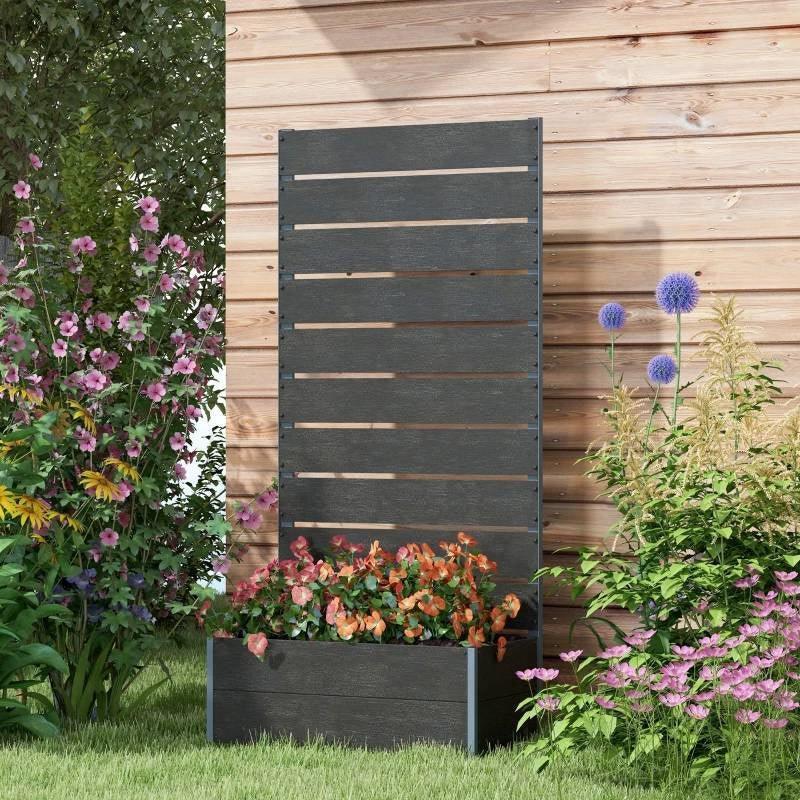 black wooden garden trellis Outdoor Raised Bed Planter with Slatted Fence Trellis in Black Wood Finish