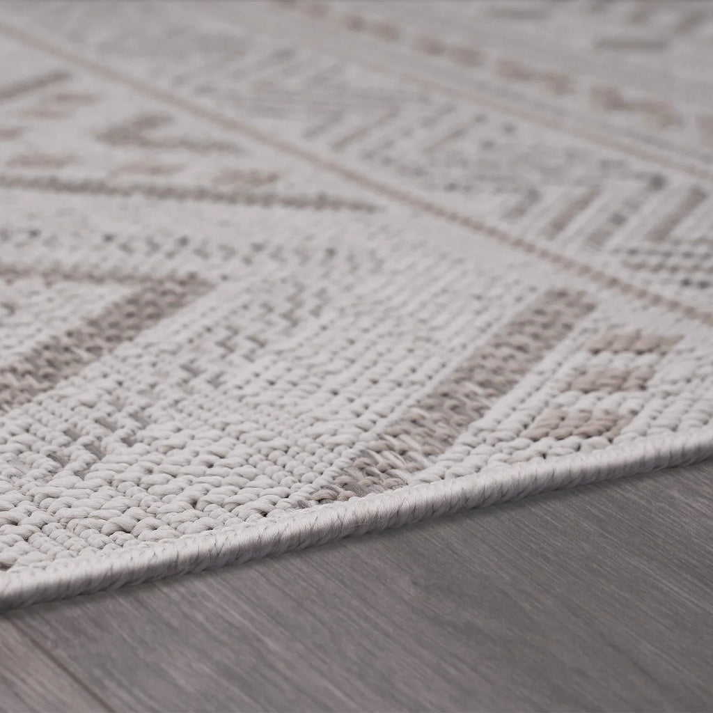Outdoor Rug for Patio or Balcony Modern Flatweave Boho Trellis in Cream Beige, lifestyle image - House Of Avana