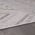 Outdoor Rug for Patio or Balcony Modern Flatweave Boho Trellis in Cream Beige, lifestyle image - House Of Avana