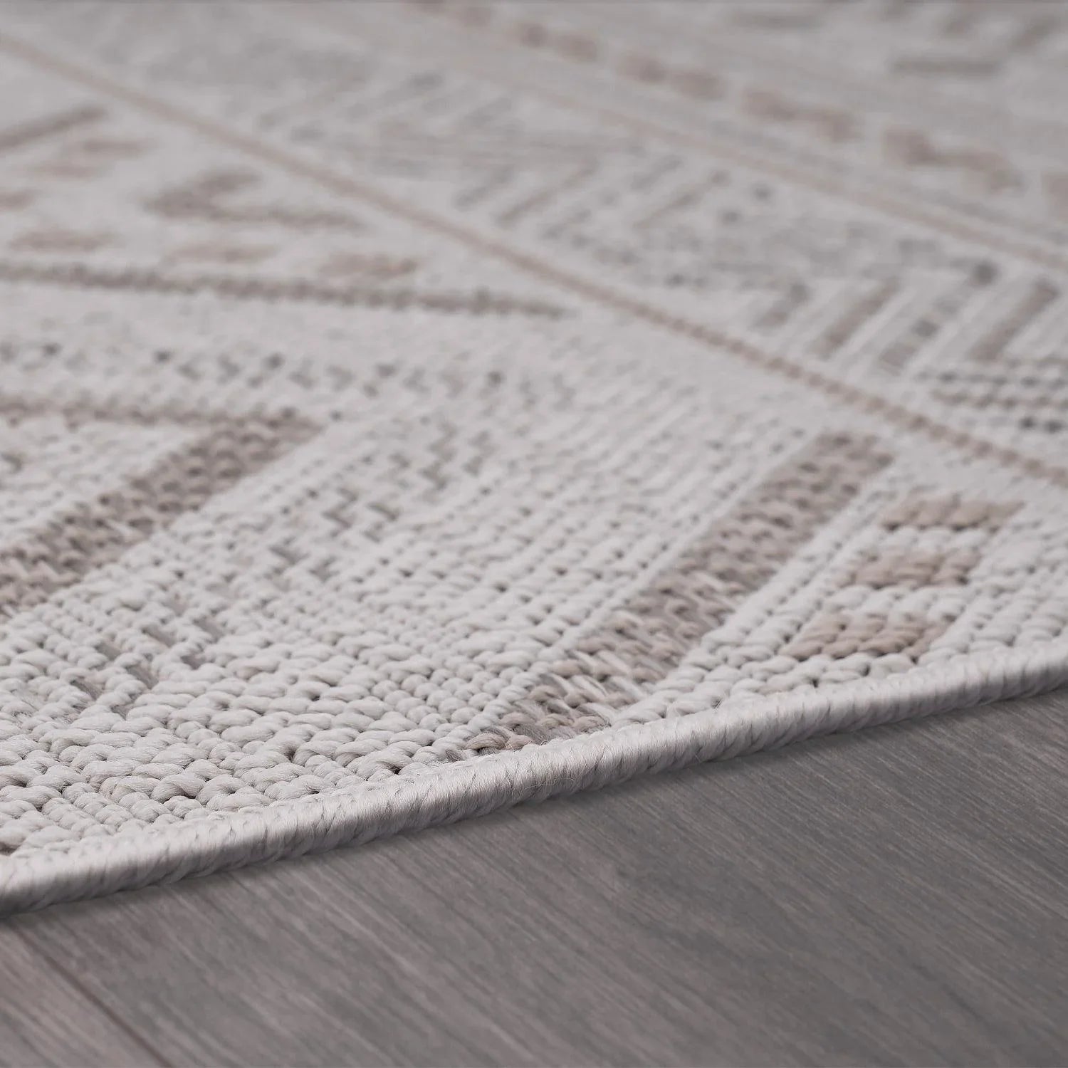 Outdoor Rug for Patio or Balcony Modern Flatweave Boho Trellis in Cream Beige, lifestyle image - House Of Avana