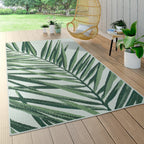 Outdoor Rug Green Beige with Palm Leaf Pattern for Patio Terrace Flat Weave RugYourHome
