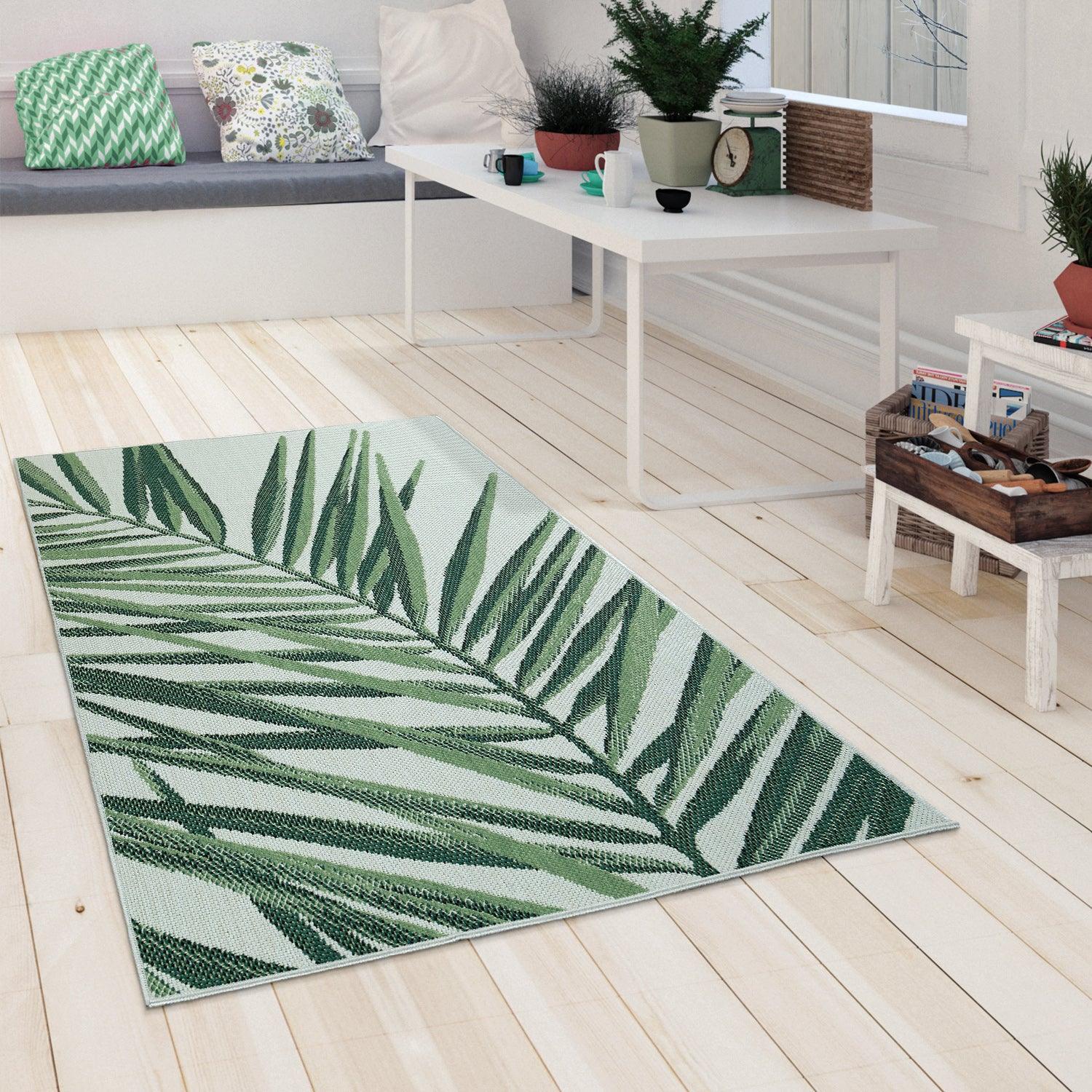 Outdoor Rug Green Beige with Palm Leaf Pattern for Patio Terrace Flat Weave RugYourHome