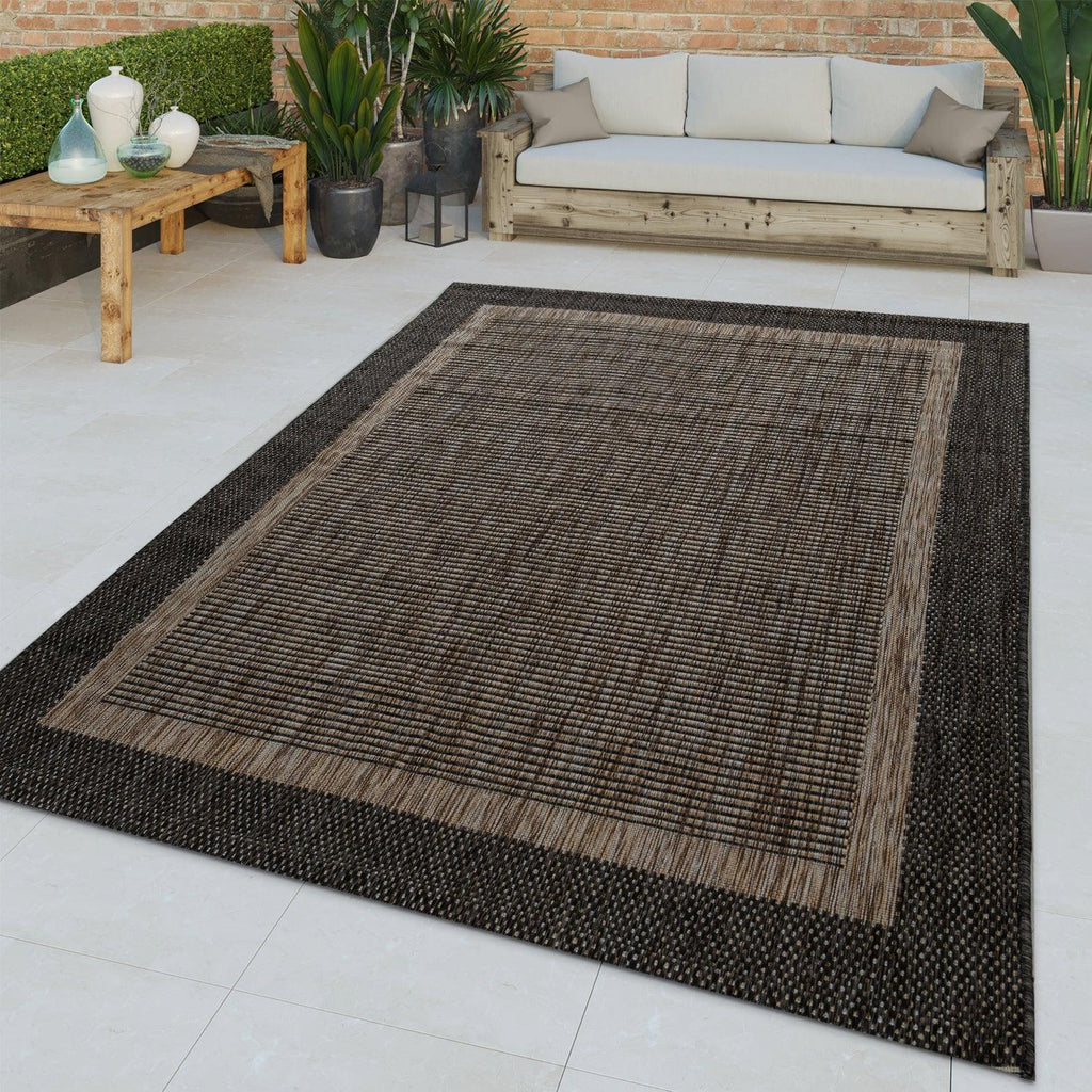 Grey and brown outdoor rug with rustic border, woven design - House of Avana