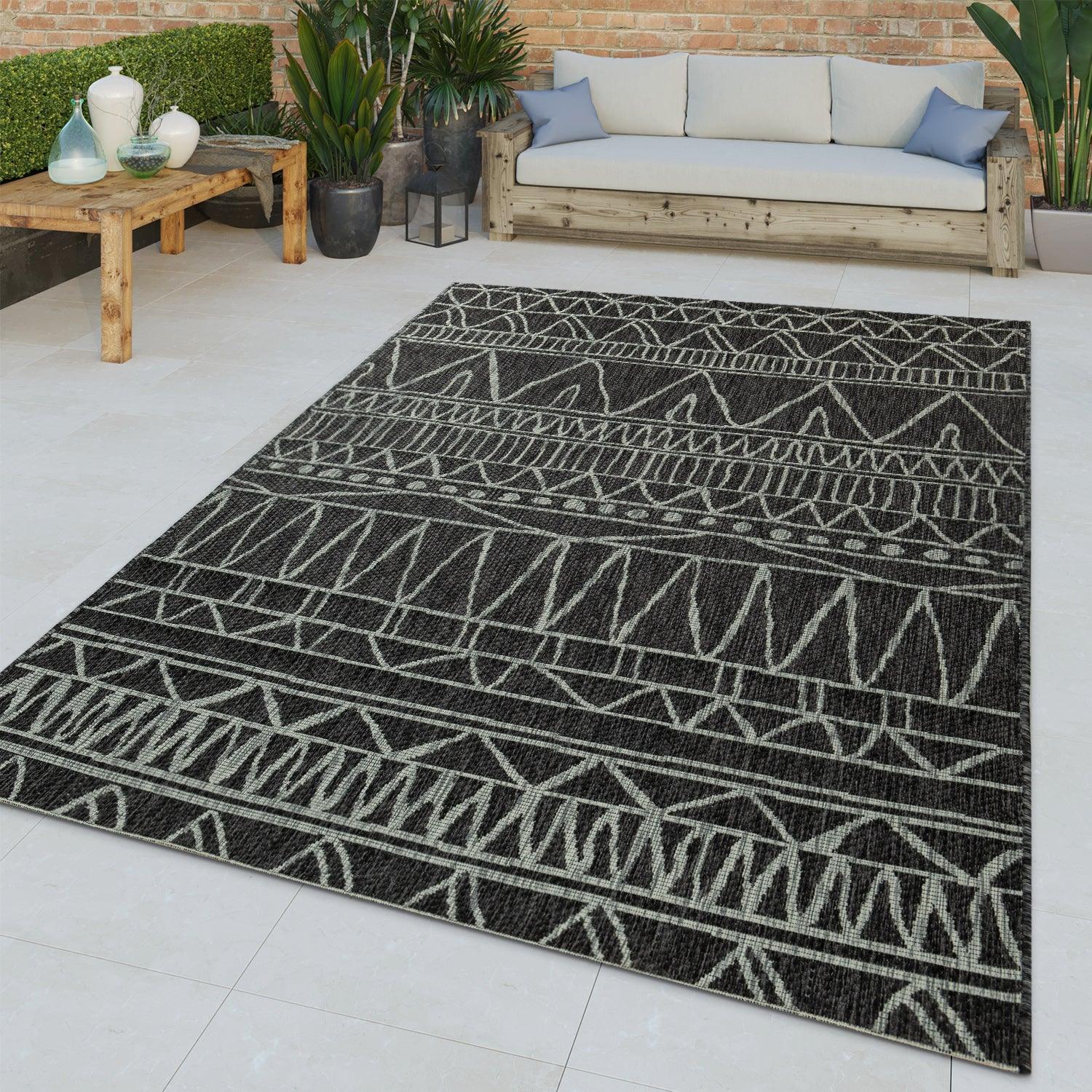 Outdoor Rug Illusion Modern Ethnic Pattern - Black Grey RugYourHome