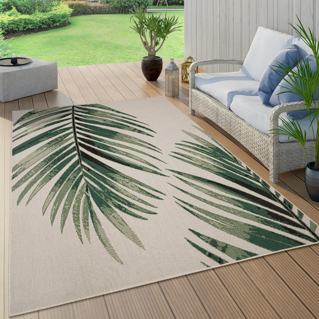 Outdoor Rug Ostende Palm Leaf Design Waterproof - Beige Green RugYourHome