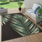 Outdoor Rug Ostende Palm Leaf Design Waterproof - Black Green RugYourHome