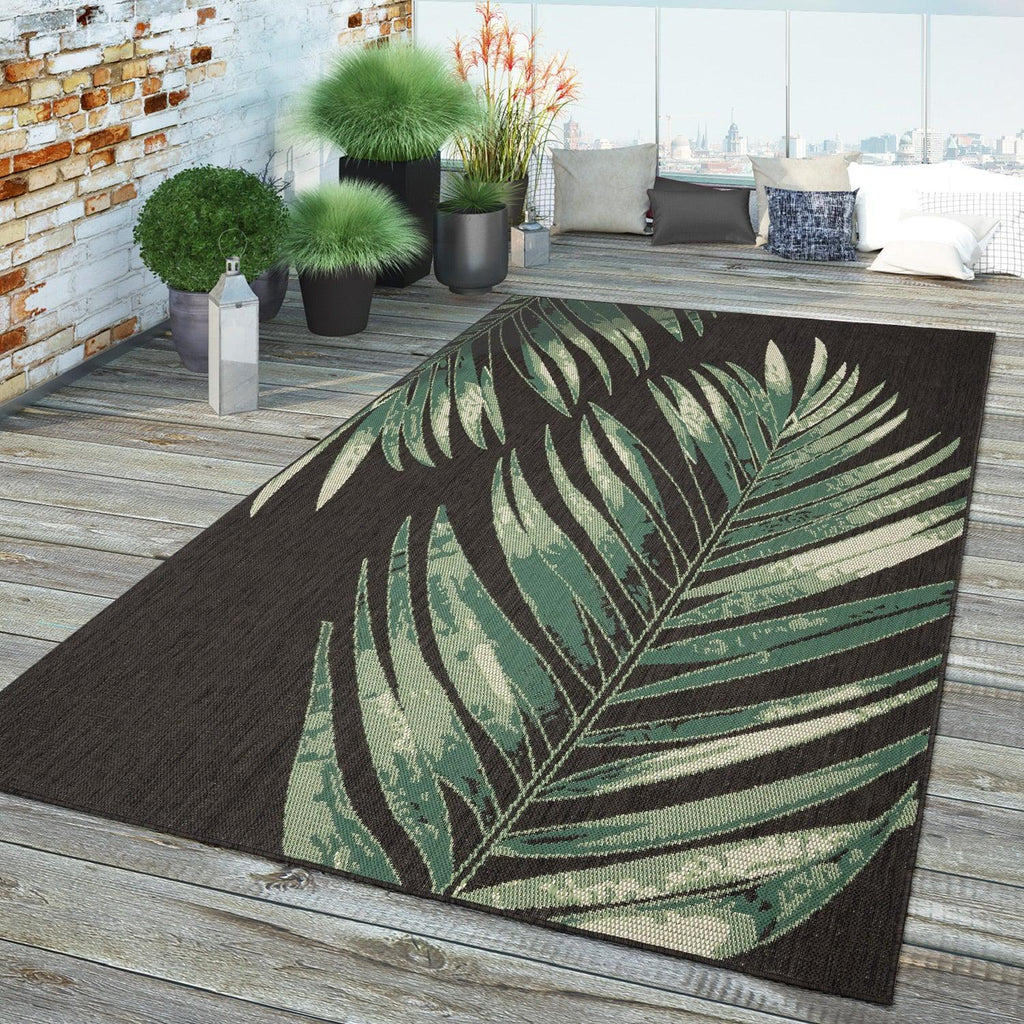 Outdoor Rug Ostende Palm Leaf Design Waterproof - Black Green RugYourHome