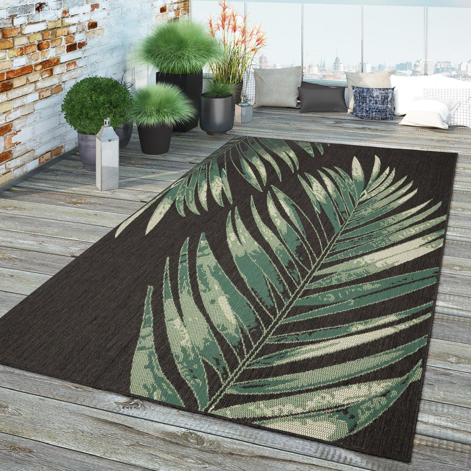 Outdoor Rug Ostende Palm Leaf Design Waterproof - Black Green RugYourHome
