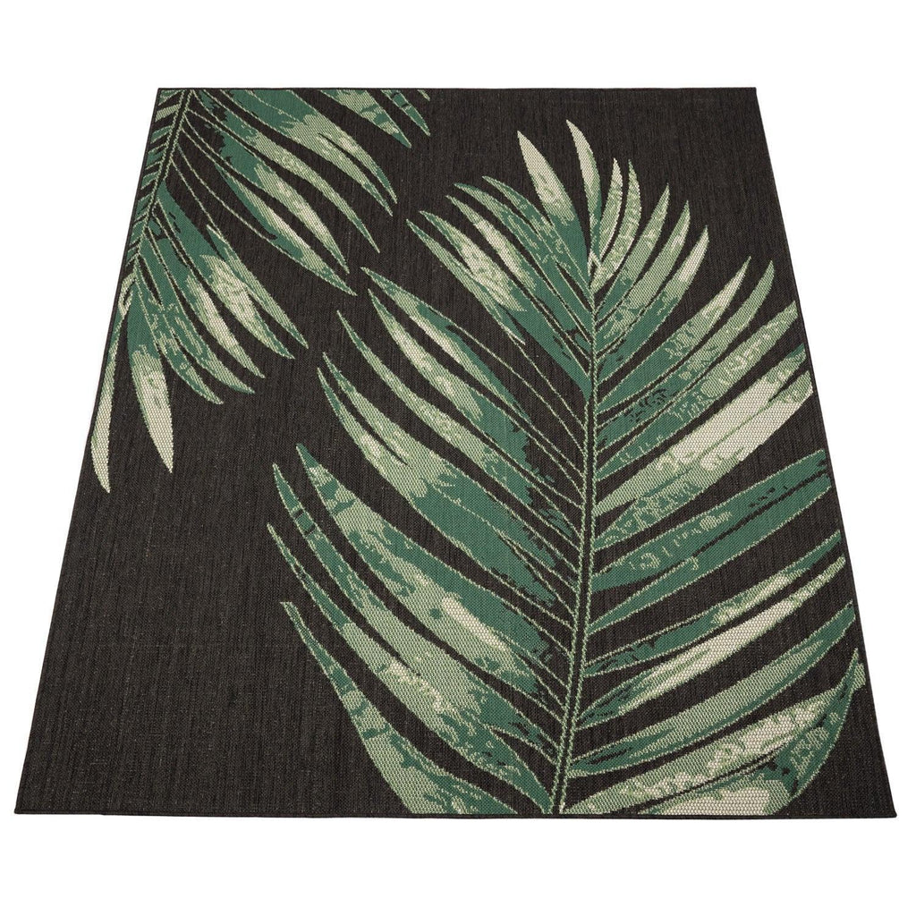 Outdoor Rug Ostende Palm Leaf Design Waterproof - Black Green RugYourHome
