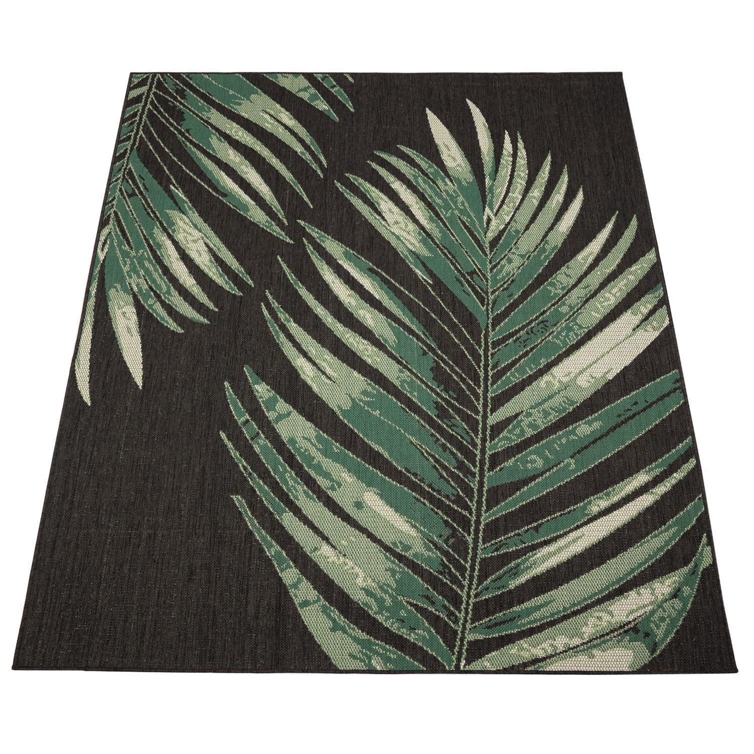 Outdoor Rug Ostende Palm Leaf Design Waterproof - Black Green RugYourHome