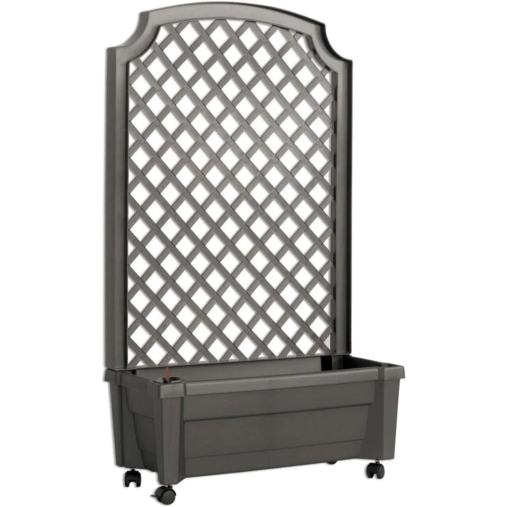 Outdoor Self-Watering Garden Planter with Trellis and Wheels in Grey Plastic