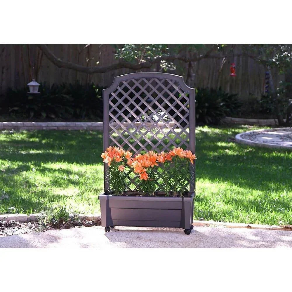 plastic planter on wheels Outdoor Self-Watering Garden Planter with Trellis and Wheels in Grey P – House Of Avana