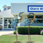 2pc Blue Gold Metal Crane Garden Statue Set - House Of Avana