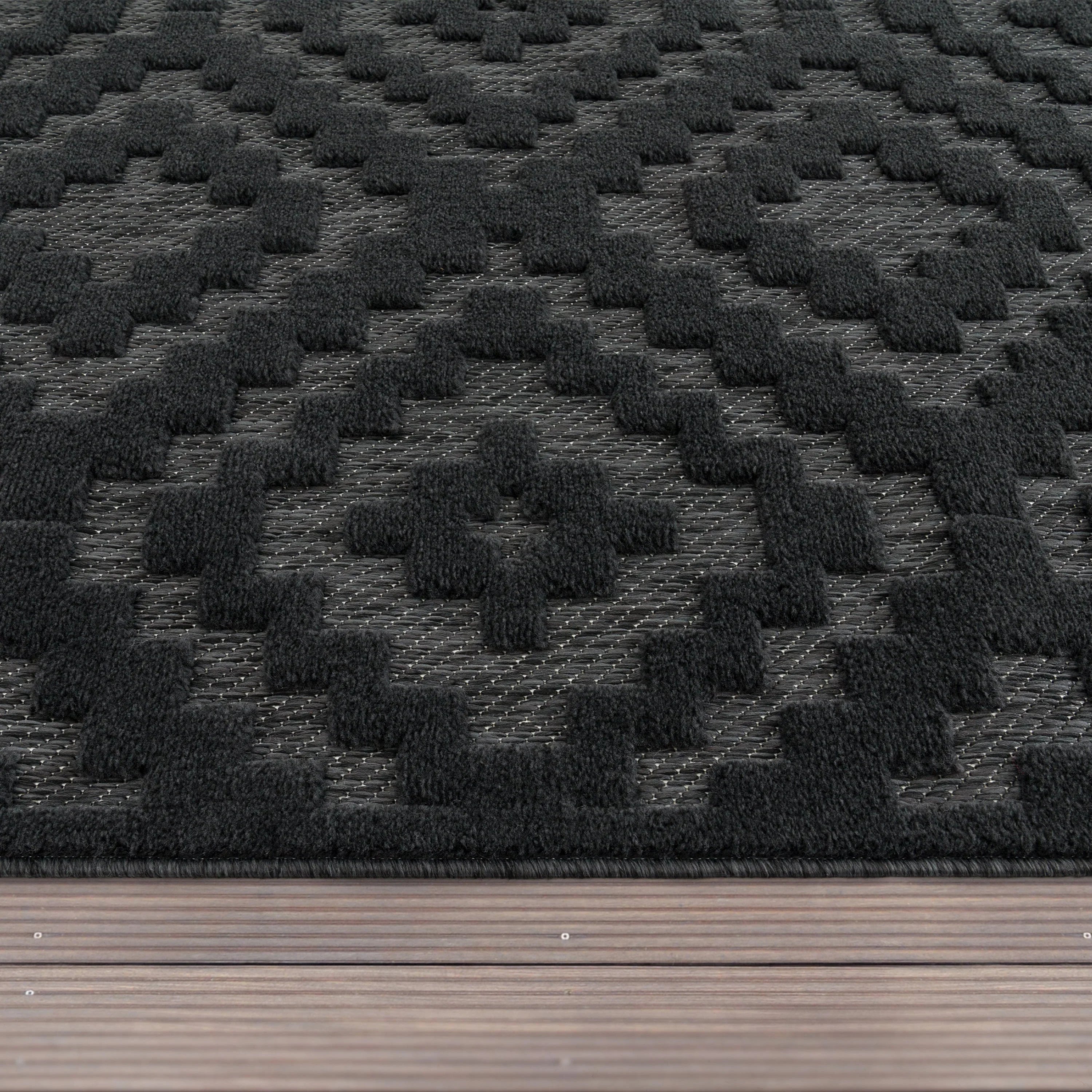 Indoor Outdoor Rug Livorno Trellis High-Low Pattern In Anthracite RugYourHome