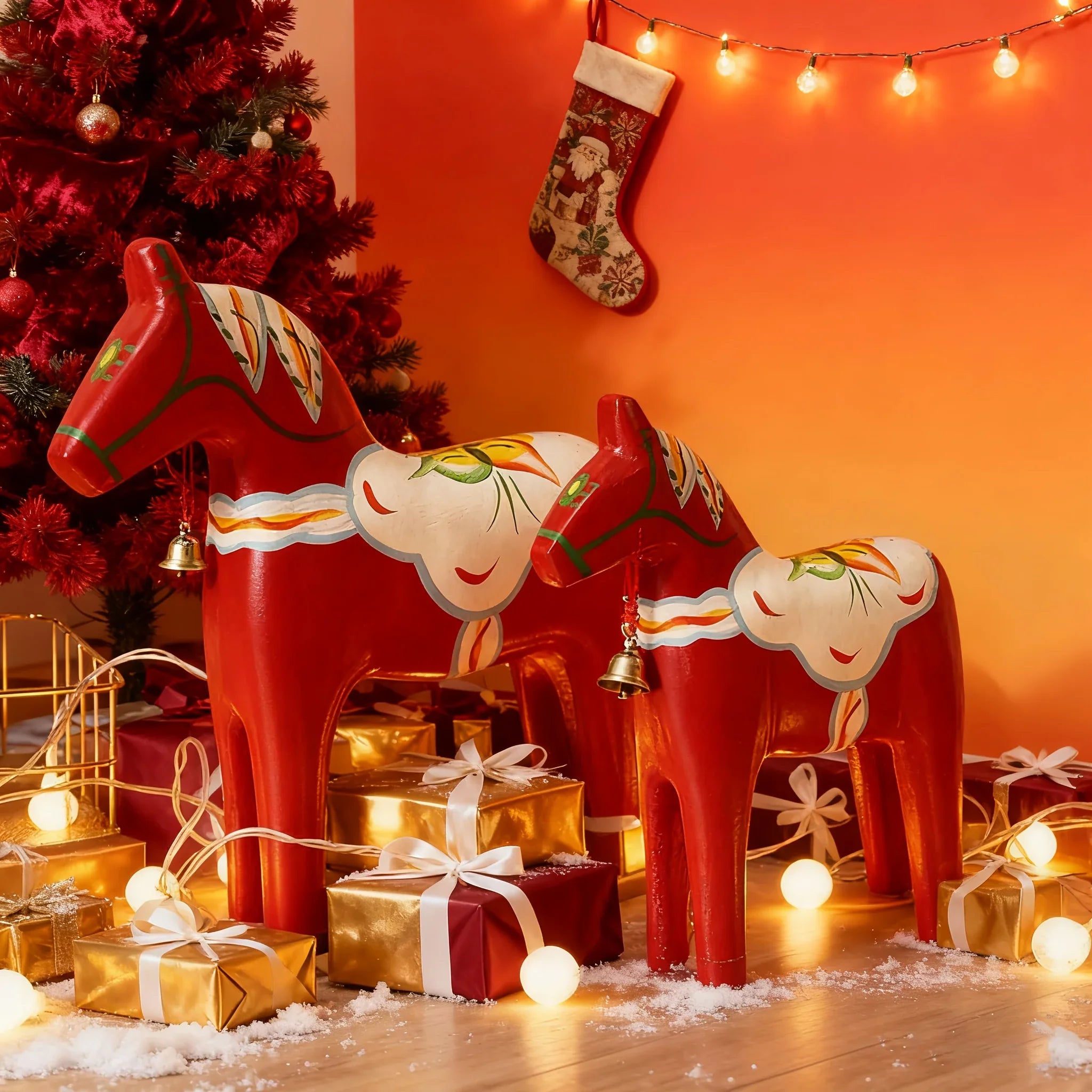 Pair of Hand-Painted Nordic Red Dala Horses | Swedish Traditional Wooden Ornament for Wedding, Christmas & Luxury Home Decor | Hand-Carved, Suitable for Various Room Types & Multiple Holidays House Of Avana