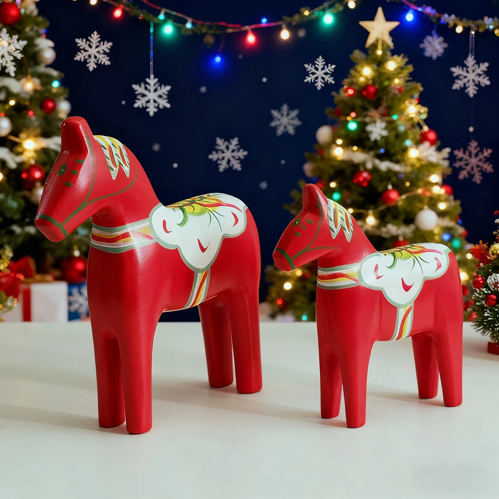 Pair of Hand-Painted Nordic Red Dala Horses | Swedish Traditional Wooden Ornament for Wedding, Christmas & Luxury Home Decor | Hand-Carved, Suitable for Various Room Types & Multiple Holidays House Of Avana