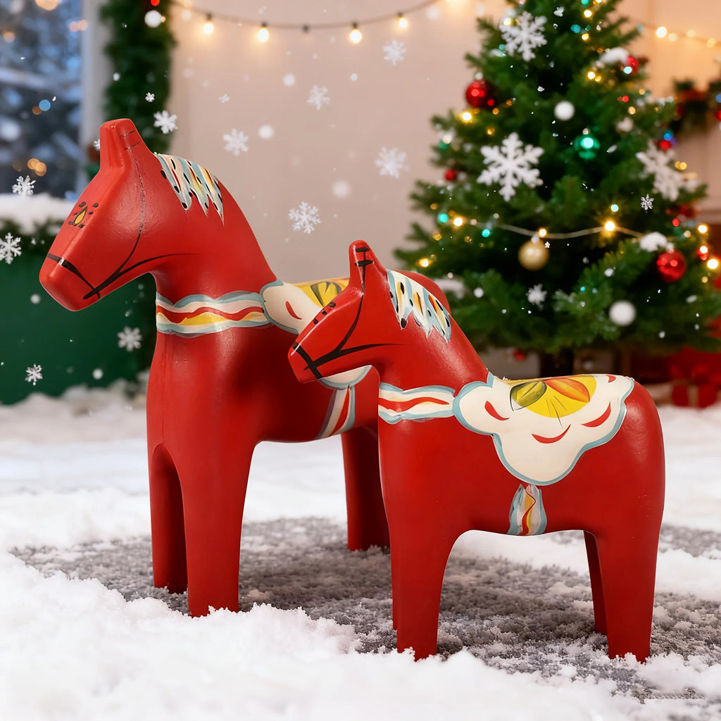 Pair of Hand-Painted Nordic Red Dala Horses | Swedish Traditional Wooden Ornament for Wedding, Christmas & Luxury Home Decor | Hand-Carved, Suitable for Various Room Types & Multiple Holidays House Of Avana
