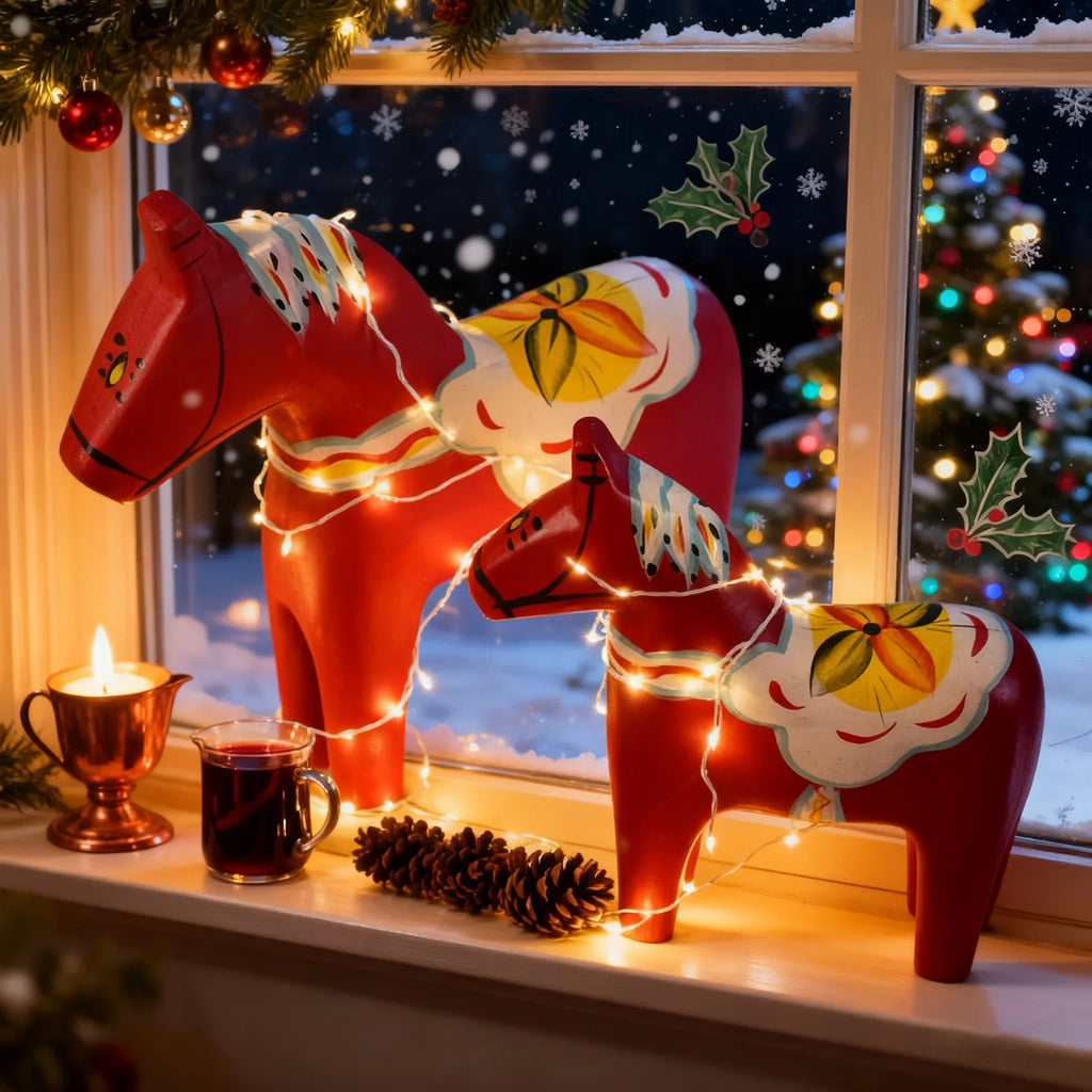 Pair of Hand-Painted Nordic Red Dala Horses | Swedish Traditional Wooden Ornament for Wedding, Christmas & Luxury Home Decor | Hand-Carved, Suitable for Various Room Types & Multiple Holidays House Of Avana