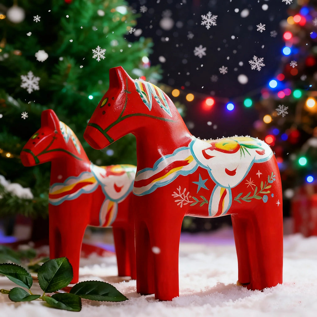 Pair of Hand-Painted Nordic Red Dala Horses | Swedish Traditional Wooden Ornament for Wedding, Christmas & Luxury Home Decor | Hand-Carved, Suitable for Various Room Types & Multiple Holidays House Of Avana