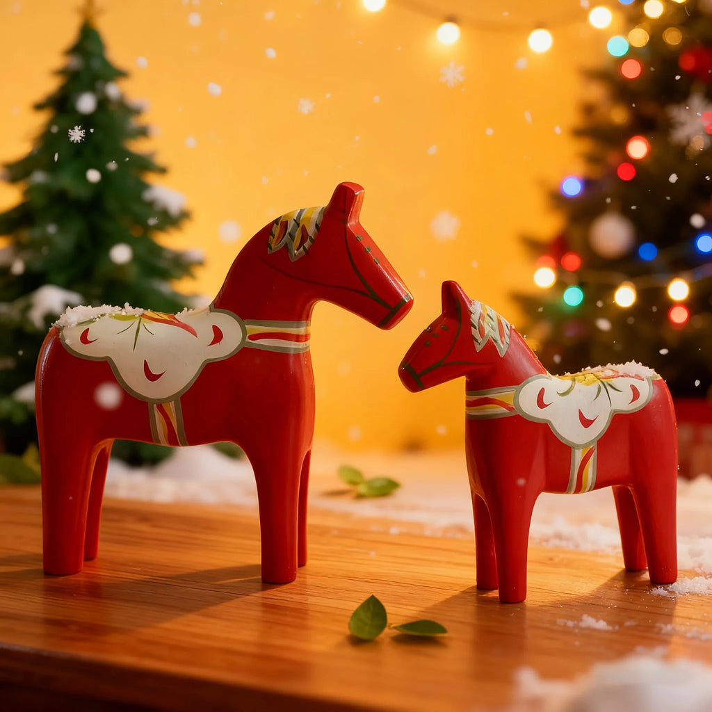 Pair of Hand-Painted Nordic Red Dala Horses | Swedish Traditional Wooden Ornament for Wedding, Christmas & Luxury Home Decor | Hand-Carved, Suitable for Various Room Types & Multiple Holidays House Of Avana
