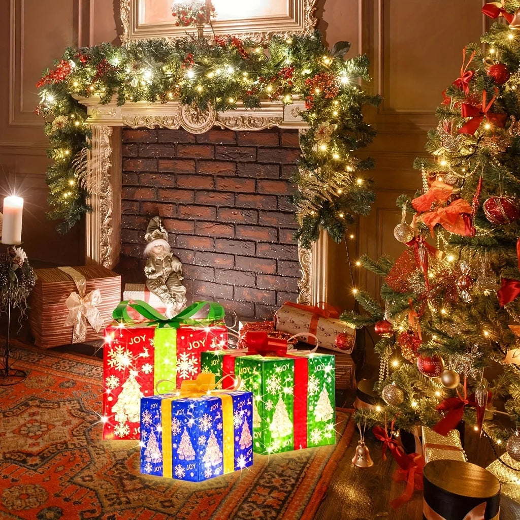 70 LED Christmas Set Of 3 Lighted Gift Boxes Decorations , Warm White Lights with Flasher , Decorative Boxes , Christmas Tree Skirt Ornament , for Holiday Party Christmas House Of Avana [[SKU:HOA-XMS-013]]