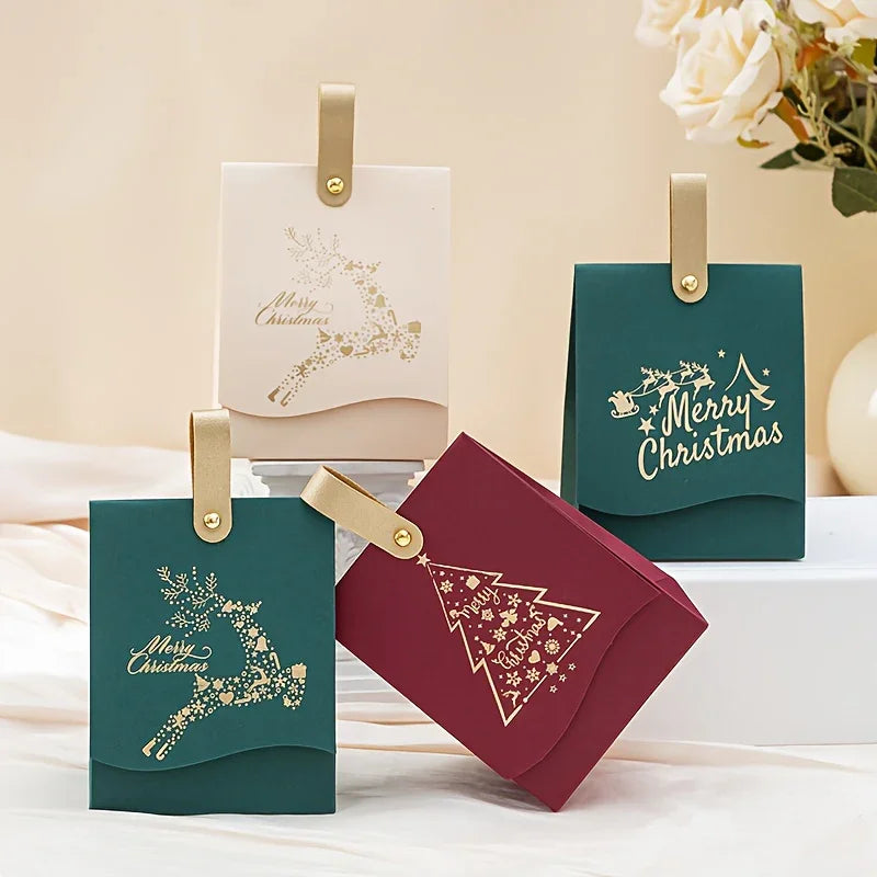 16/8 Christmas Gift Bags with Leather Handles, Red and Green Golden Foil Tree Design - Mini Paper Boxes for Cookies, Candy, Chocolate & Small Presents. Ideal Business Prep Holiday Decorations Party Favors Winter New Year's El House Of Avana