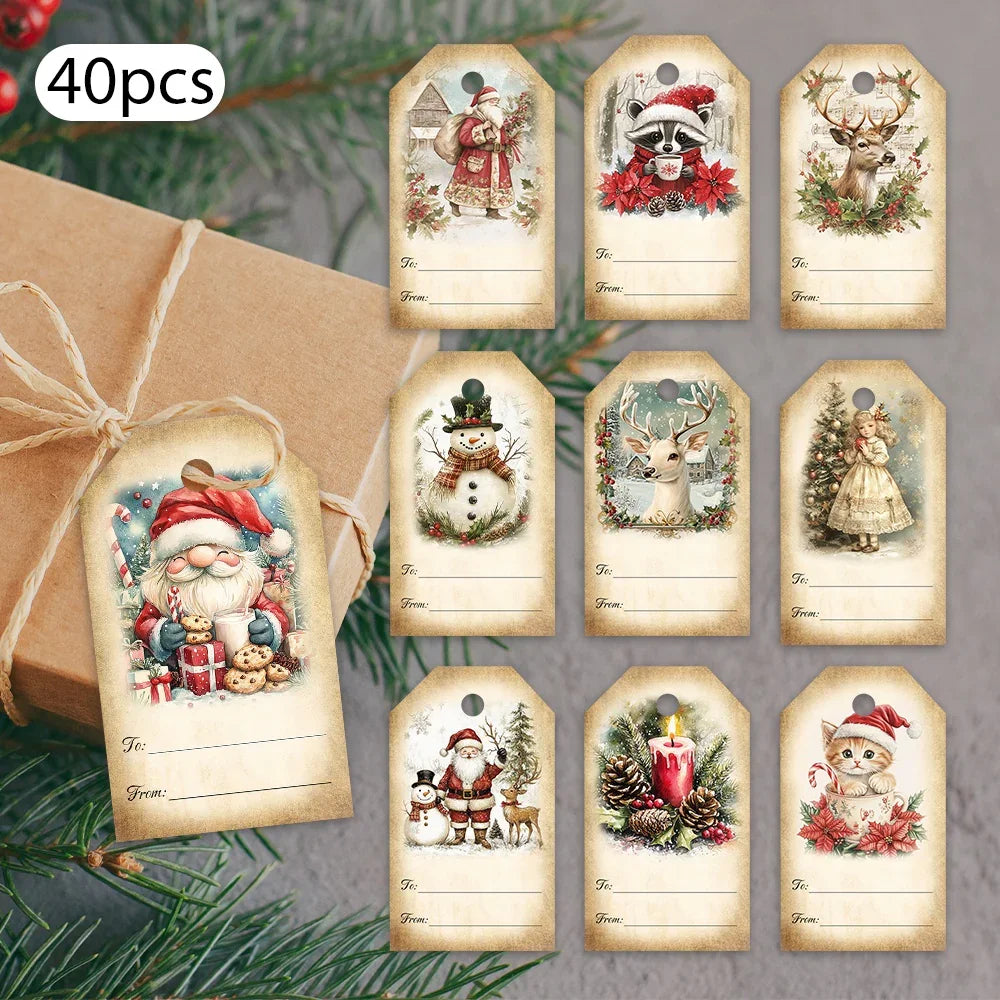 40pcs Vintage Christmas Gift Tags - with Santa, Snowmen, Deer - Vintage Holiday Labels for Presents, Cards, Decorations - Compatible with Tie-Line - Perfect for Christmas, Teacher's Day, Birthday Party Decorations - TLENPO, F House Of Avana