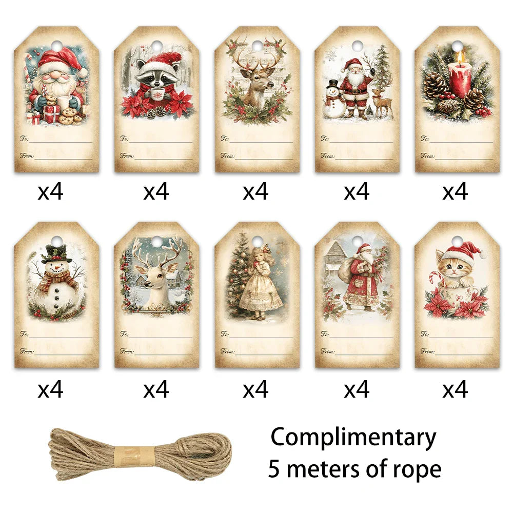 40pcs Vintage Christmas Gift Tags - with Santa, Snowmen, Deer - Vintage Holiday Labels for Presents, Cards, Decorations - Compatible with Tie-Line - Perfect for Christmas, Teacher's Day, Birthday Party Decorations - TLENPO, F House Of Avana