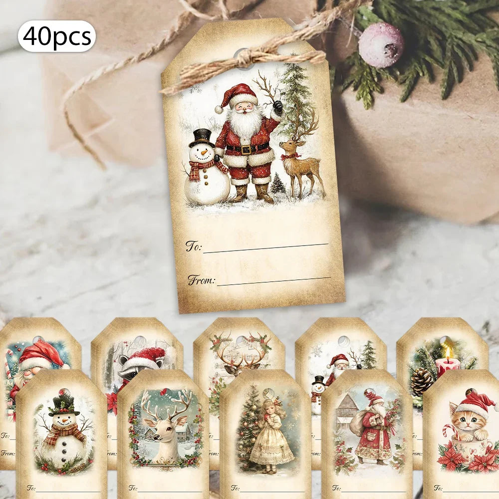 40pcs Vintage Christmas Gift Tags - with Santa, Snowmen, Deer - Vintage Holiday Labels for Presents, Cards, Decorations - Compatible with Tie-Line - Perfect for Christmas, Teacher's Day, Birthday Party Decorations - TLENPO, F House Of Avana