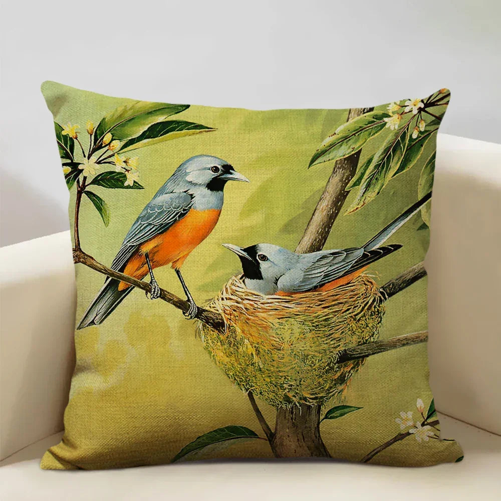 Linen parrot cushion cover, vibrant bird print, plush pillowcase - House of Avana