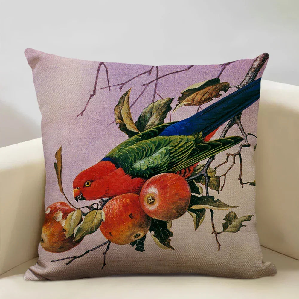 Linen parrot cushion cover, vibrant bird print, plush pillowcase - House of Avana