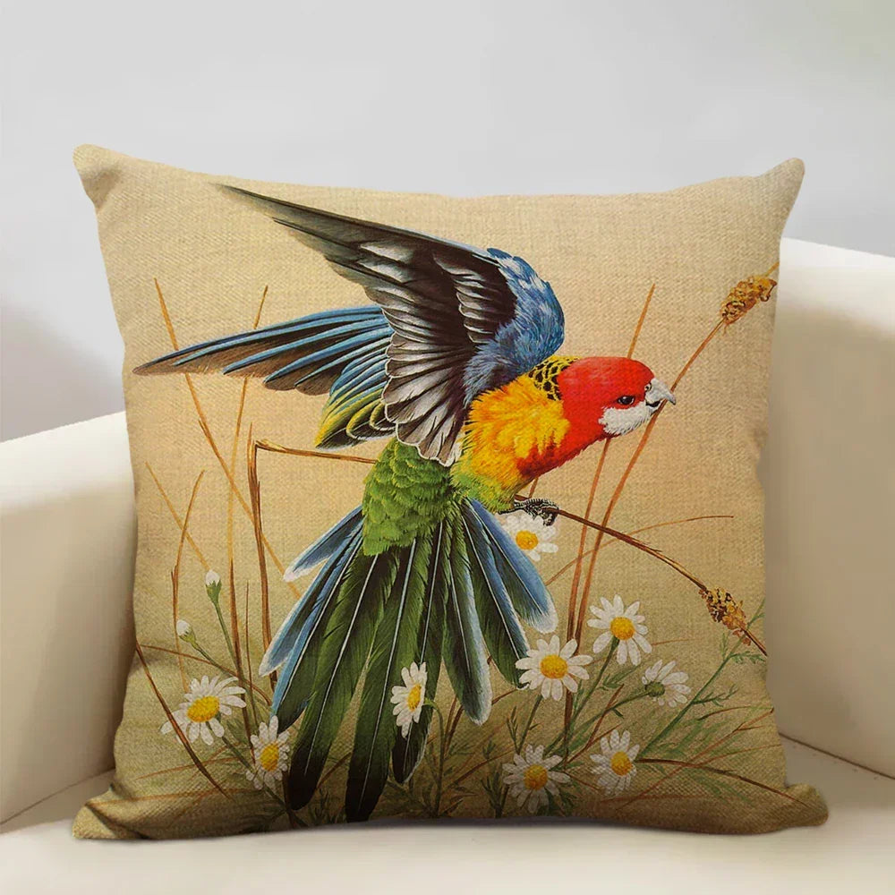 Linen parrot cushion cover, vibrant bird print, plush pillowcase - House of Avana
