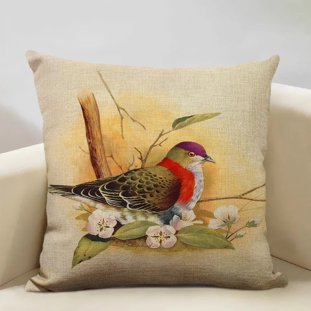 Linen parrot cushion cover, vibrant bird print, plush pillowcase - House of Avana
