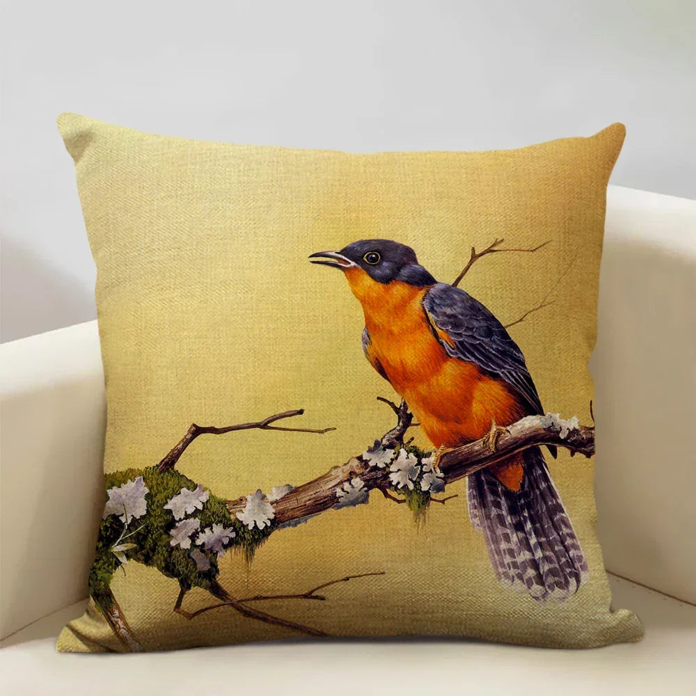 Linen parrot cushion cover, vibrant bird print, plush pillowcase - House of Avana