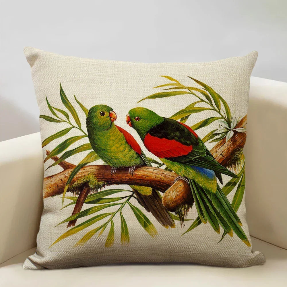 Linen parrot cushion cover, vibrant bird print, plush pillowcase - House of Avana