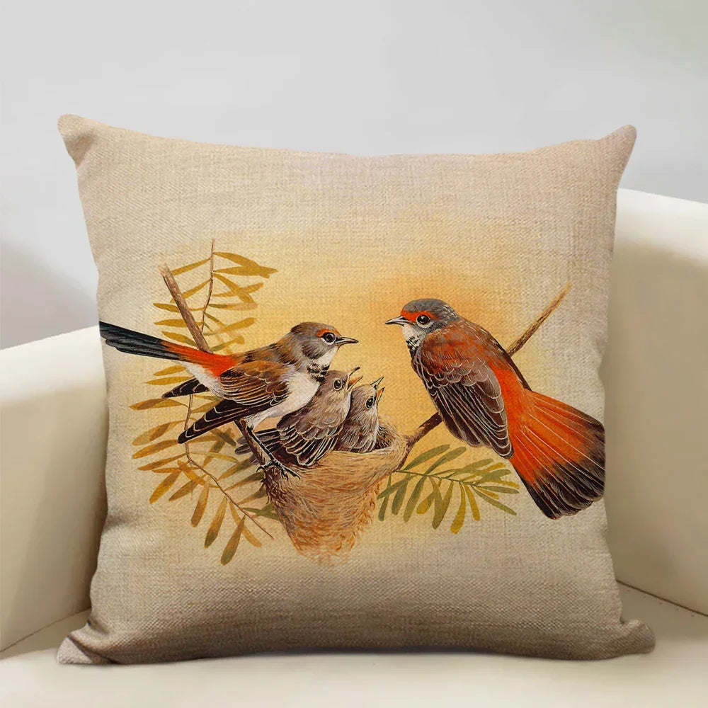 Linen parrot cushion cover, vibrant bird print, plush pillowcase - House of Avana