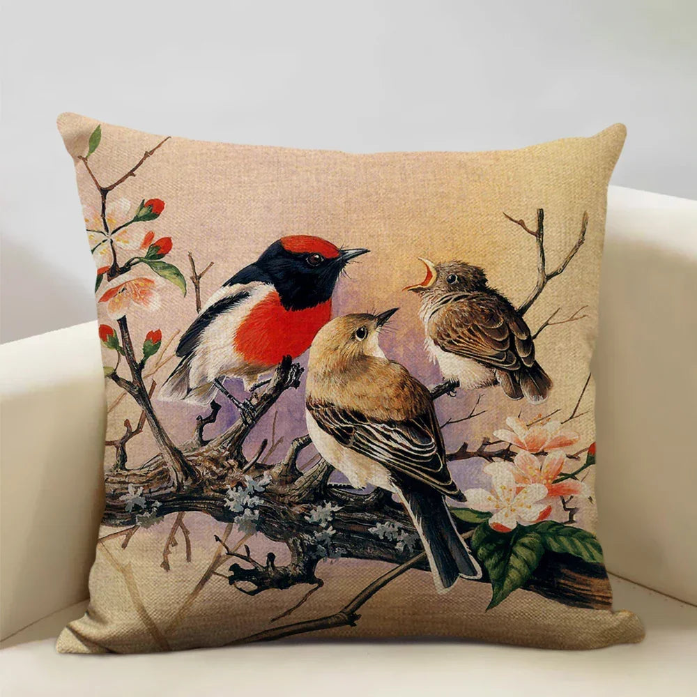 Linen parrot cushion cover, vibrant bird print, plush pillowcase - House of Avana