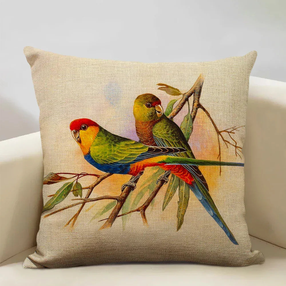 Linen parrot cushion cover, vibrant bird print, plush pillowcase - House of Avana