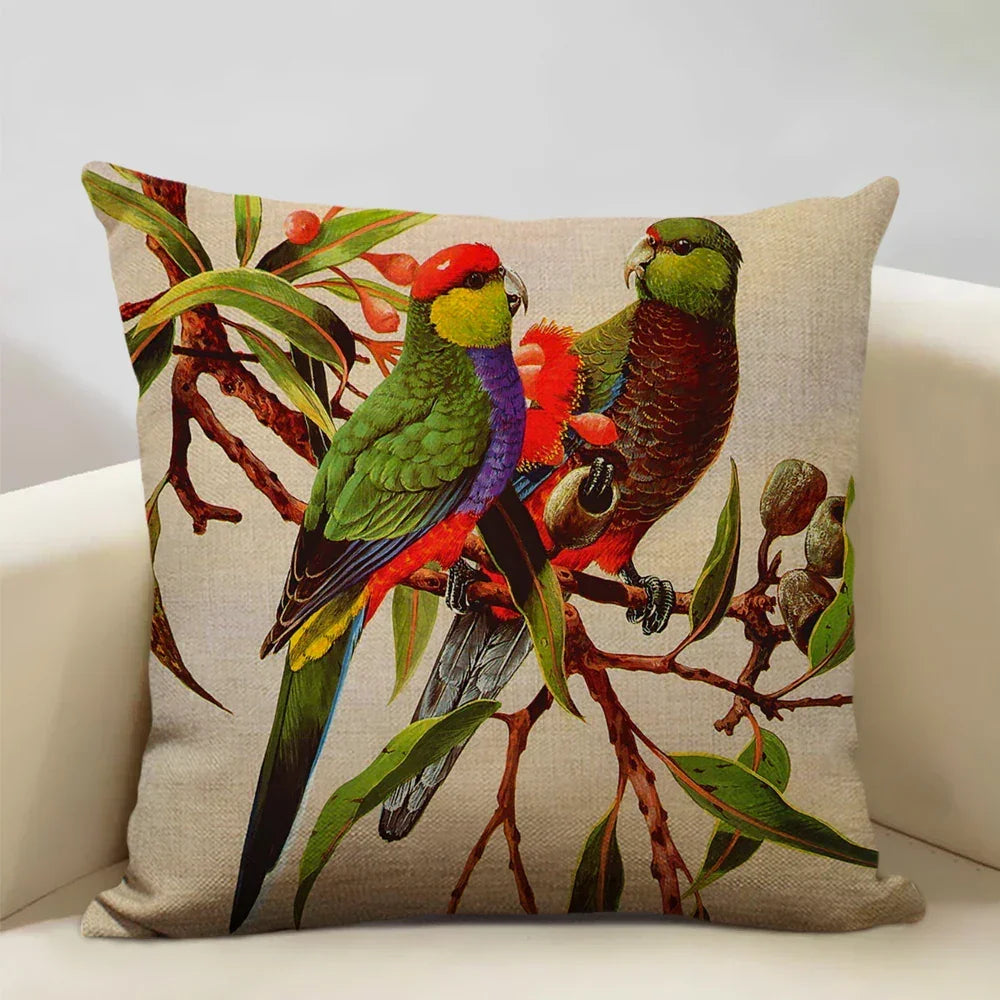 Linen parrot cushion cover, vibrant bird print, plush pillowcase - House of Avana