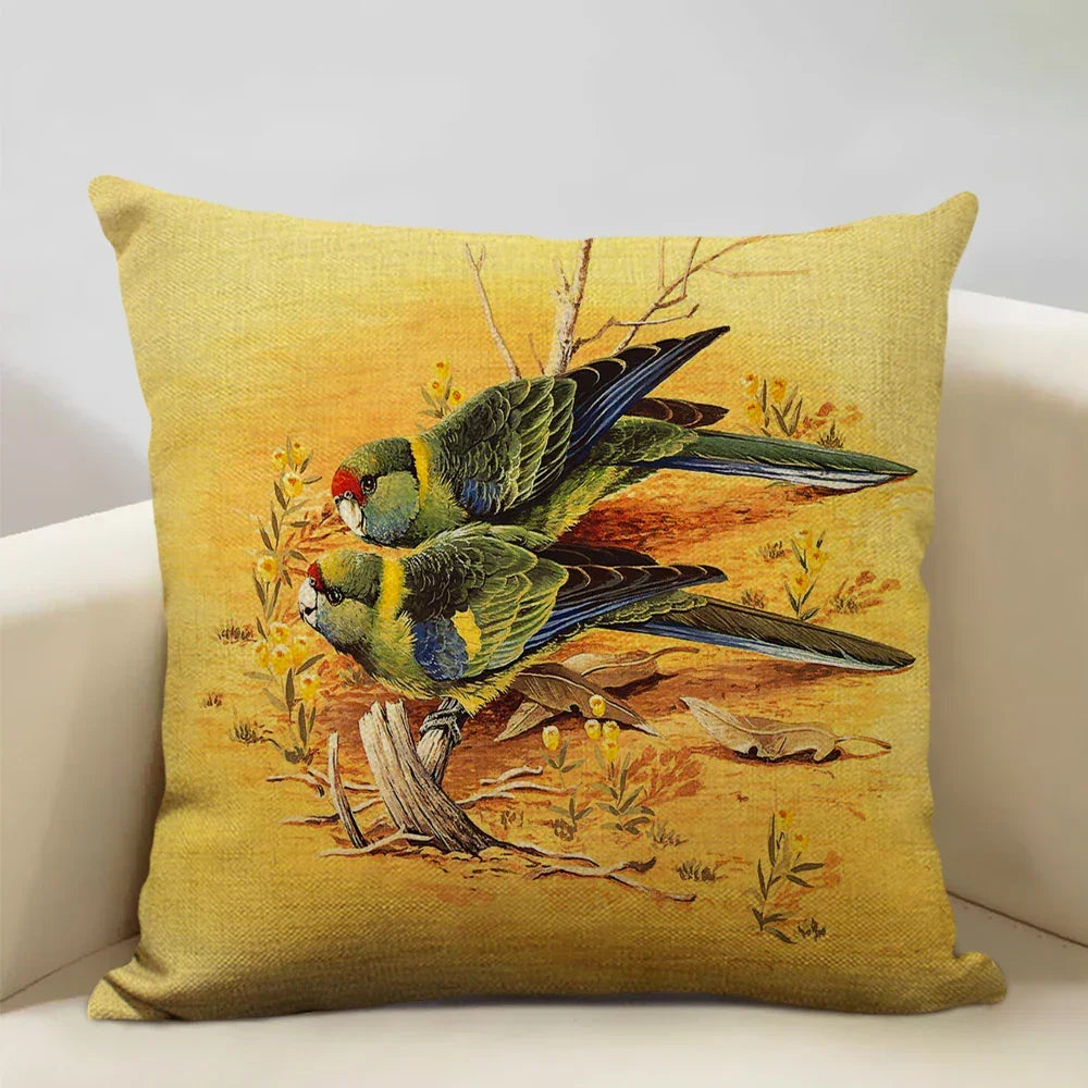 Linen parrot cushion cover, vibrant bird print, plush pillowcase - House of Avana
