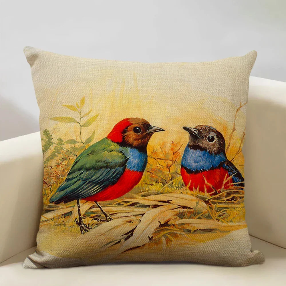 Linen parrot cushion cover, vibrant bird print, plush pillowcase - House of Avana