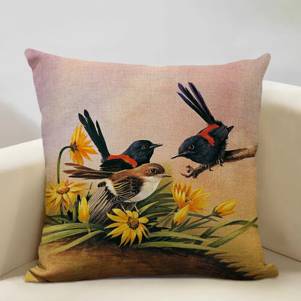 Linen parrot cushion cover, vibrant bird print, plush pillowcase - House of Avana