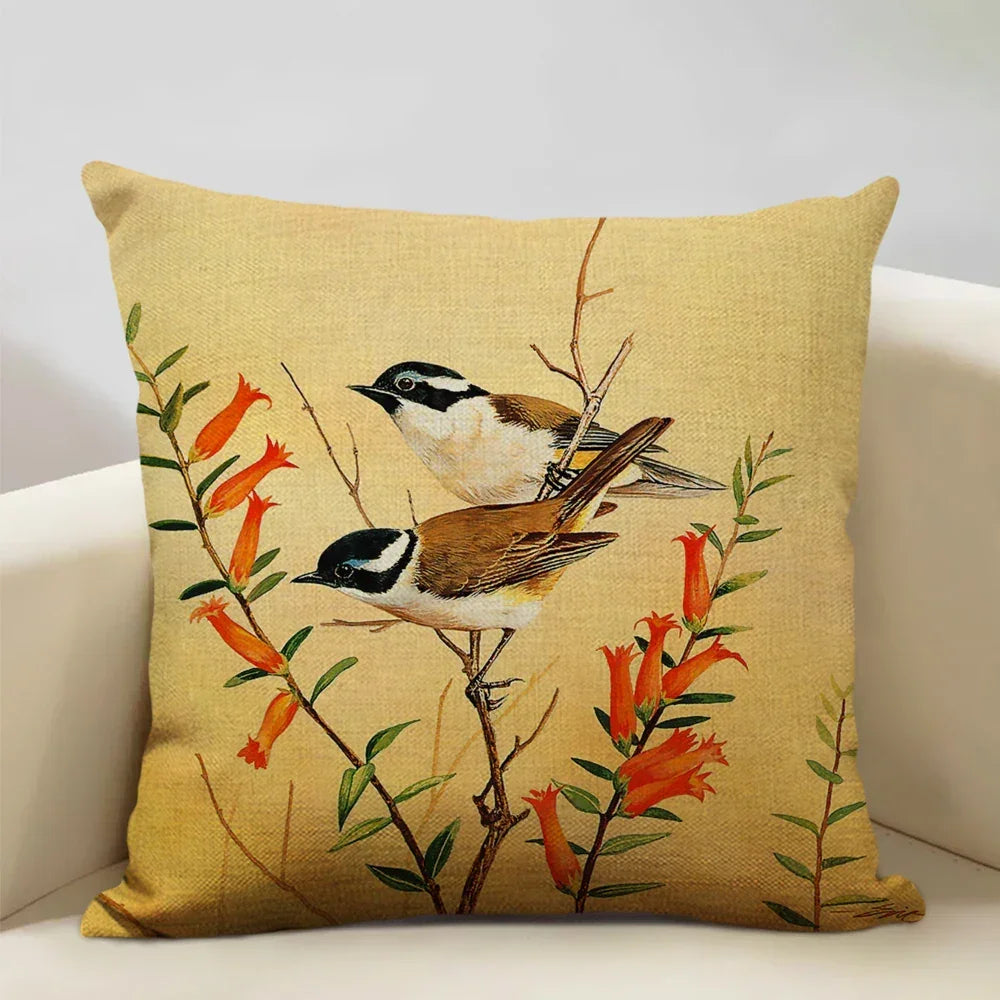 Linen parrot cushion cover, vibrant bird print, plush pillowcase - House of Avana