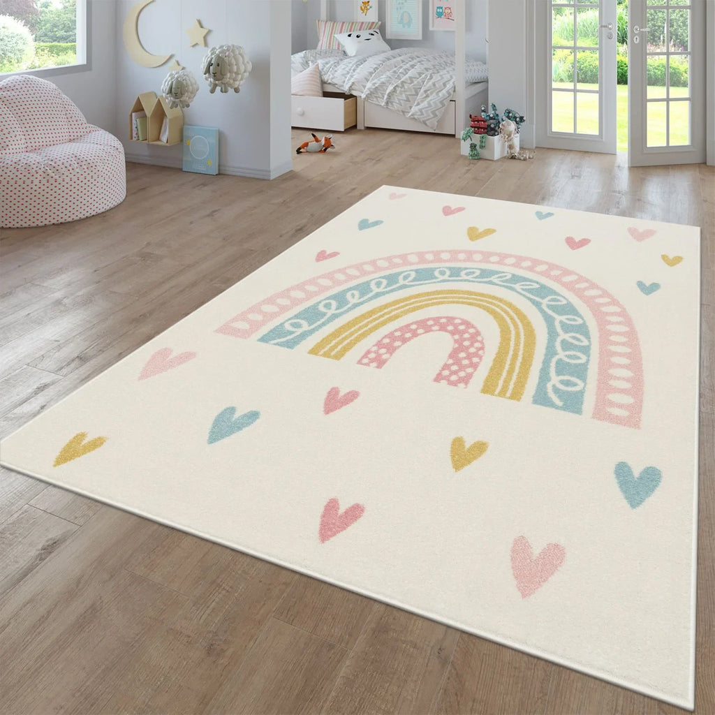 Kids Rug Nino with Rainbow and Hearts for Nursery in Cream RugYourHome