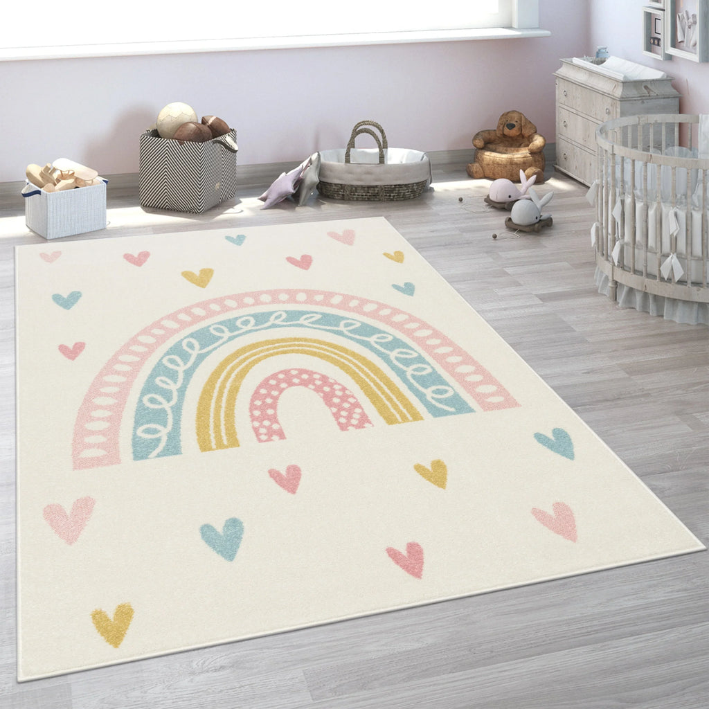 Kids Rug Nino with Rainbow and Hearts for Nursery in Cream RugYourHome